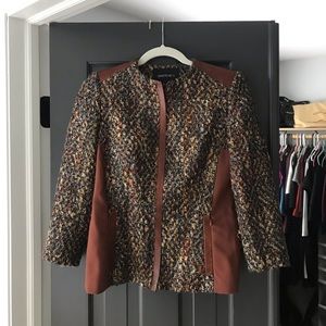 Lafayette 148 Suit Jacket Coat Leather Trim Tweed